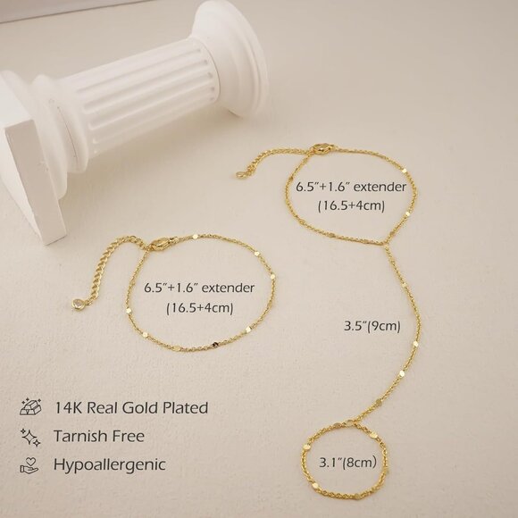 14K Dainty Gold Plated Stackable Link Chain Ring Bracelet Hand Chain for Women - Picture 6 of 7